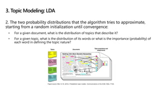 2. The two probability distributions that the algorithm tries to approximate,
starting from a random initialization until convergence:
• For a given document, what is the distribution of topics that describe it?
• For a given topic, what is the distribution of its words or what is the importance (probability) of
each word in defining the topic nature?
3. Topic Modeling: LDA
 