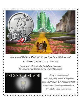 Our annual Outdoor Movie Nights are back for a third season!
SATURDAY, JUNE 21st at 6:45 PM
Come and celebrate the first day of summer
by watching an iconic movie under the stars!
All are welcome to attend!
Invite your family, friends & neighbors!
PIZZA, POPCORN, & PUNCH PROVIDED
Bring blankets, bean bags or lawn chairs.
We will also set up chairs for you.
 