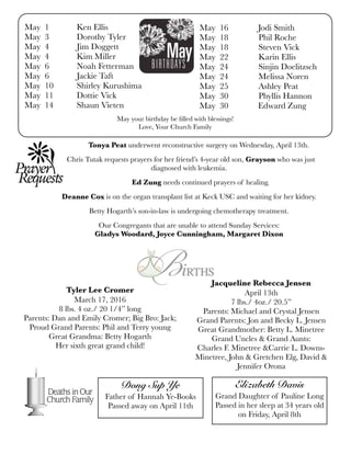 May your birthday be ﬁlled with blessings!
Love, Your Church Family
May 1	 Ken Ellis
May 3	 Dorothy Tyler
May 4	 Jim Doggett
May 4	 Kim Miller
May 6	 Noah Fetterman
May 6	 Jackie Taft
May 10	 Shirley Kurushima
May 11	 Dottie Vick
May 14	 Shaun Vieten
May 16	 Jodi Smith
May 18 Phil Roche
May 18 Steven Vick
May 22 Karin Ellis
May 24 Sinjin Doelitzsch
May 24 Melissa Noren
May 25 Ashley Peat
May 30 Phyllis Hannon
May 30	 Edward Zung
Tonya Peat underwent reconstructive surgery on Wednesday, April 13th.
Chris Tutak requests prayers for her friend’s 4-year old son, Grayson who was just
diagnosed with leukemia.
	 	 	 	 Ed Zung needs continued prayers of healing.
Deanne Cox is on the organ transplant list at Keck USC and waiting for her kidney.
Betty Hogarth’s son-in-law is undergoing chemotherapy treatment.
Our Congregants that are unable to attend Sunday Services:
Gladys Woodard, Joyce Cunningham, Margaret Dixon
Dong Sup Ye
Father of Hannah Ye-Books
Passed away on April 11th
Tyler Lee Cromer
March 17, 2016
8 lbs. 4 oz./ 20 1/4” long
Parents: Dan and Emily Cromer; Big Bro: Jack;
Proud Grand Parents: Phil and Terry young
Great Grandma: Betty Hogarth
Her sixth great grand child!
Jacqueline Rebecca Jensen
April 13th
7 lbs./ 4oz./ 20.5”
Parents: Michael and Crystal Jensen
Grand Parents: Jon and Becky L. Jensen
Great Grandmother: Betty L. Minetree
Grand Uncles & Grand Aunts:
Charles F. Minetree &Carrie L. Downs-
Minetree, John & Gretchen Elg, David &
Jennifer Orona
Elizabeth Davis
Grand Daughter of Pauline Long
Passed in her sleep at 34 years old
on Friday, April 8th
 
