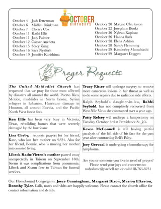 October 4	 Josh Fetterman
October 6 Muffett Brinkman
October 7	 Cherry Cox
October 11	 Kathi Ellis
October 11	 Judy Palmer
October 12 Caesar Ancheta
October 15	 Stacy Zung
October 16 Sara Nyaforh
October 19	 Jennifer Kurishima
October 20	 Maxine Charleston
October 22	 Josephine Books
October 26	 Nylean Rapinac
October 26	 Hanna Sack
October 28 Elena Ashton
October 28	 Sandy Flemming
October 29	 Kimberley Matsubiashi
October 29	 Margaret Doggett
The United Methodist Church has
requested that we pray for those most affected
by disasters all around the world. Puerto Rico,
Mexico, mudslides in Sierra Leone, Syrian
refugees in Lebanon, Hurricane damage in
Houston, all around Florida, and the Paciﬁc
North West forest ﬁres.
Ken Ellis has been very busy in Victoria,
Texas, rebuilding homes that were severely
damaged by the hurricane.
Tracy Ritter will undergo surgery to remove
more cancerous lesions in her throat as well as
to do some repairs due to radiation side effects.
Ralph Seybold’s daughter-in-law, Bobbi
Seybold, has not completely recovered from
West Nile Virus she contracted over a year ago.
Patty Kelsey will undergo a lumpectomy on
Tuesday, October 3rd at Providence St. Jo’s.
Are you or someone you love in need of prayer?
Please send your joys and concerns to:
nohofumc@pacbell.net or call 818-763-8231
Lisa Cheby, requests prayers for her friend,
Kate, who lost her mother on 9/24. Also for
her friend, Bonnie, who is moving her mother
into assisted living.
Joey Gervasi is undergoing chemotherapy for
lymphoma.
Keven McConnell is still having partial
paralysis of the left side of his face for the past
year after contracting Bell’s Palsy.
Libeck Kadu-Vieten’s mother passed away
unexpectedly in Taiwan on September 18th.
Seems it was complications from pneumonia.
Libeck and Shaun ﬂew to Taiwan for funeral
services.
Our Homebound Congregants: Joyce Cunningham, Margaret Dixon, Marion Elkerton,
Dorothy Tyler. Calls, notes and visits are happily welcome. Please contact the church ofﬁce for
contact information and details.
 