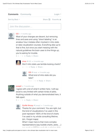 20/05/14 17:44Good Ol' Excel Is The Ultimate Data Visualization Tool (In Most Cases)
Página 14 de 17http://insights.qunb.com/good-ol-excel-is-the-ultimate-data-visualization-tool-in-most-cases
Comments Community Login
Sort by Best Share
Join the discussion…
• Reply •
CO • 7 months ago
Most of your changes are decent, but removing
lines and axes and using "direct labeling" is an
amateur hour mistake often mocked in intro stats
or data visualization courses. Everything else up to
that is fine, but once you start messing with the
natural guidelines the brain uses to line things up,
you're asking for trouble.
2
• Reply •
irinai • 6 months agoCO
Don't intro stats use terrible-looking charts?
• Reply •
CO • 6 months agoirinai
What kind of intro stats did you
take?
1
• Reply •
josep2 • 7 months ago
I agree with a lot of what it written here. I will say
excel is very limited with certain kinds of plots.
Anything outside of what you demonstrated here, it
falls apart.
3
Cyrille Vincey • 7 months agojosep2
Thanks for your comment. You are right, but
the kind of visualizations I've used in this
post represent 100% of the kind of charts
I've used in my whole consulting lifetime.
(oh, I forgot maps)
What I mean here is that more complex
representations (say bubble charts, plots, ...)
are good as WIP for analysts exploring data,
Favorite
Share ›
Share ›
Share ›
Share ›
 