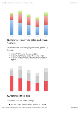20/05/14 17:44Good Ol' Excel Is The Ultimate Data Visualization Tool (In Most Cases)
Página 8 de 17http://insights.qunb.com/good-ol-excel-is-the-ultimate-data-visualization-tool-in-most-cases
#2. Color set : one vivid color, and grays.
No more.
Double-click on each category (blue, red, green, ...),
then go:
in the "Fill" menu: change to color
in the "Line" menu: apply the same color
in the "Shadow" menu: disable the "shadow"
option
#3. Optimize the x axis
Double-click on the x axis, then go:
in the "Ticks" menu: select "Major Tick Mark
 