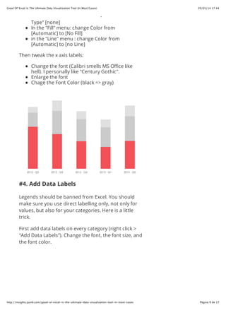 20/05/14 17:44Good Ol' Excel Is The Ultimate Data Visualization Tool (In Most Cases)
Página 9 de 17http://insights.qunb.com/good-ol-excel-is-the-ultimate-data-visualization-tool-in-most-cases
in the "Ticks" menu: select "Major Tick Mark
Type" [none]
In the "Fill" menu: change Color from
[Automatic] to [No Fill]
in the "Line" menu : change Color from
[Automatic] to [no Line]
Then tweak the x axis labels:
Change the font (Calibri smells MS Office like
hell). I personally like "Century Gothic".
Enlarge the font
Chage the Font Color (black => gray)
#4. Add Data Labels
Legends should be banned from Excel. You should
make sure you use direct labelling only, not only for
values, but also for your categories. Here is a little
trick.
First add data labels on every category (right click >
"Add Data Labels"). Change the font, the font size, and
the font color.
 