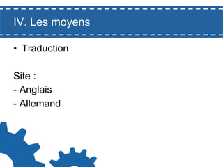 IV. Les moyens
•  Traduction

Site :
- Anglais
- Allemand

 