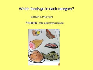 Which foods go in each category?
GROUP 5: PROTEIN
Proteins: help build strong muscle
 