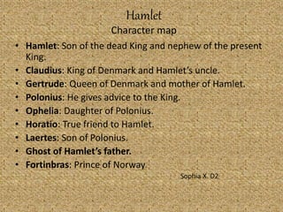 Hamlet
Character map
• Hamlet: Son of the dead King and nephew of the present
King.
• Claudius: King of Denmark and Hamlet’s uncle.
• Gertrude: Queen of Denmark and mother of Hamlet.
• Polonius: He gives advice to the King.
• Ophelia: Daughter of Polonius.
• Horatio: True friend to Hamlet.
• Laertes: Son of Polonius.
• Ghost of Hamlet’s father.
• Fortinbras: Prince of Norway.
Sophia X. D2
 