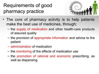 Requirements of good
pharmacy practice
• The core of pharmacy activity is to help patients
make the best use of medicines, through;
– the supply of medication and other health-care products
of assured quality
– the provision of appropriate information and advice to the
patient
– administration of medication
– the monitoring of the effects of medication use
– the promotion of rational and economic prescribing, as
well as dispensing

 
