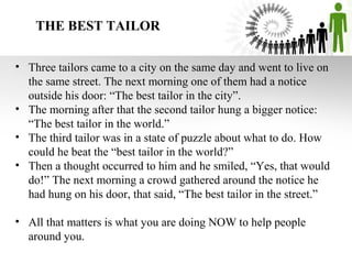 THE BEST TAILOR
• Three tailors came to a city on the same day and went to live on
the same street. The next morning one of them had a notice
outside his door: “The best tailor in the city”.
• The morning after that the second tailor hung a bigger notice:
“The best tailor in the world.”
• The third tailor was in a state of puzzle about what to do. How
could he beat the “best tailor in the world?”
• Then a thought occurred to him and he smiled, “Yes, that would
do!” The next morning a crowd gathered around the notice he
had hung on his door, that said, “The best tailor in the street.”
• All that matters is what you are doing NOW to help people
around you.

 