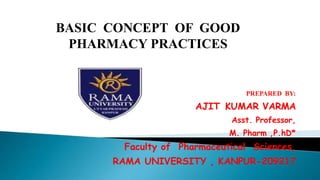 PREPARED BY:
AJIT KUMAR VARMA
Asst. Professor,
M. Pharm ,P.hD*
Faculty of Pharmaceutical Sciences,
RAMA UNIVERSITY , KANPUR-209217
BASIC CONCEPT OF GOOD
PHARMACY PRACTICES
 