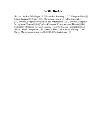 Pacific Hooker
|Section |Section Title |Pages | |1.0 |Executive Summery | | |2.0 |Company Data | | |
|Name Address | | | |History | | |... Show more content on Helpwriting.net ...
| |8.2 |Product/Company Weaknesses and opportunities | | |8.3 |Product/Company
Strength and Threats | | |8.4 |Product/Company Weaknesses and Threats | | |9.0
|Competitive Situation in Target Country | | |9.1 |First Major Competitor | | |9.2
|Second Major Competitor | | |10.0 |Market Plan | | |10.1 |Mode of Entry | | |10.2
|Target Market segment and profile | | |10.3 |Product strategy | |
 