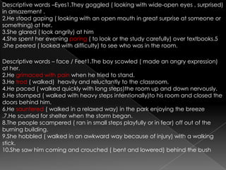 Descriptive words –Eyes1.They goggled ( looking with wide-open eyes , surprised) in amazement . 2.He stood gaping ( looking with an open mouth in great surprise at someone or something) at her.3.She glared ( look angrily) at him4.She spent her evening poring ( to look or the study carefully) over textbooks.5.She peered ( looked with difficulty) to see who was in the room.Descriptive words – face / Feet1.The boy scowled ( made an angry expression) at her.2.He grimaced with pain when he tried to stand.3.He trod ( walked)  heavily and reluctantly to the classroom.4.He paced ( walked quickly with long steps)the room up and down nervously.5.He stomped ( walked with heavy steps intentionally)to his room and closed the doors behind him.6.He sauntered ( walked in a relaxed way) in the park enjoying the breeze.7.He scurried for shelter when the storm began.8.The people scampered ( ran in small steps playfully or in fear) off out of the burning building.9.She hobbled ( walked in an awkward way because of injury) with a walking stick.10.She saw him coming and crouched ( bent and lowered) behind the bush