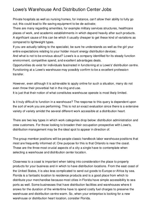 Lowe's Warehouse And Distribution Center Jobs