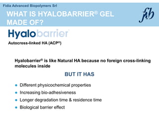 Fidia Advanced Biopolymers Srl
WHAT IS HYALOBARRIER® GEL
MADE OF?
Autocross-linked HA (ACP®)
Hyalobarrier® is like Natural HA because no foreign cross-linking
molecules inside
 Different physicochemical properties
 Increasing bio-adhesiveness
 Longer degradation time & residence time
 Biological barrier effect
BUT IT HAS
 