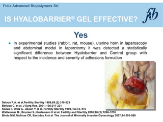 Fidia Advanced Biopolymers Srl
DeIaco P.A. et al.Fertility Sterility 1998;69 (2):318-323
Belluco C. et al. J Surg Res. 2001; 100:217-221
Kocak I , Unlü C., Akcan Y et al. Fertility Sterility 1999, vol.72. N°5
Wallwiener M., Brucker S.,Hierlemann H et al. Fertility and Sterility 2006;86 (3):1266-1276
Binda MM, Molinas CR, Bastidas A et al. The Journal of Minimally Invasive Gynecology 2007;14:591-599
 In experimental studies (rabbit, rat, mouse), uterine horn in laparoscopy
and abdominal model in laparotomy it was detected a statistically
significant difference between Hyalobarrier and Control group with
respect to the incidence and severity of adhesions formation
IS HYALOBARRIER® GEL EFFECTIVE?
Yes
 