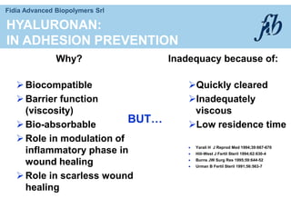 Fidia Advanced Biopolymers Srl
HYALURONAN:
IN ADHESION PREVENTION
Why?
Biocompatible
Barrier function
(viscosity)
Bio-absorbable
Role in modulation of
inflammatory phase in
wound healing
Role in scarless wound
healing
Inadequacy because of:
Quickly cleared
Inadequately
viscous
Low residence time
 Yarali H J Reprod Med 1994;39:667-670
 Hill-West J Fertil Steril 1994;62:630-4
 Burns JW Surg Res 1995;59:644-52
 Urman B Fertil Steril 1991;56:563-7
BUT…
 