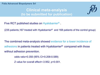 Fidia Advanced Biopolymers Srl
Five RCT published studies on Hyalobarrier® .
(235 patients,167 treated with Hyalobarrier® and 168 patients of the control group)
The combined meta-analysis showed evidence for a lower incidence of
adhesions in patients treated with Hyalobarrier® compared with those
without adhesion prevention.
odds ratio=0.350 (95% CI=0.208-0.589)
Z value for overall effect=-3.952, p<0.001.
Clinical meta-analysis
(to be submitted for publication)
 
