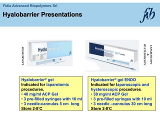 Fidia Advanced Biopolymers Srl
Hyalobarrier® gel
Indicated for laparotomic
procedures.
• 40 mg/ml ACP Gel
• 3 pre-filled syringes with 10 ml
• 3 needle-cannulas 5 cm long
Store 2-8°C
Hyalobarrier® gel ENDO
Indicated for laparoscopic and
hysteroscopic procedures.
• 30 mg/ml ACP Gel
• 3 pre-filled syringes with 10 ml
• 3 needle –cannulas 30 cm long
Store 2-8°C
LAPAROTOMY
LAPAROSCOPY
&
HYSTEROSCOPY
Hyalobarrier Presentations
 
