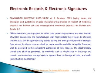  COMMISSION DIRECTIVE 2003/94/EC of 8 October 2003 laying down the
principles and guidelines of good manufacturing practice in respect of medicinal
products for human use and investigational medicinal products for human use:
Article 9.2
 “When electronic, photographic or other data processing systems are used instead
of written documents, the manufacturer shall first validate the systems by showing
that the data will be appropriately stored during the anticipated period of storage.
Data stored by those systems shall be made readily available in legible form and
shall be provided to the competent authorities at their request. The electronically
stored data shall be protected, by methods such as duplication or back-up and
transfer on to another storage system, against loss or damage of data, and audit
trails shall be maintained.”
8/18/2015
11
0Drug Regulations : Online Resource for Latest Information
 