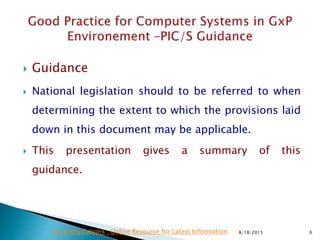  Guidance
 National legislation should to be referred to when
determining the extent to which the provisions laid
down in this document may be applicable.
 This presentation gives a summary of this
guidance.
8/18/2015 6Drug Regulations : Online Resource for Latest Information
 