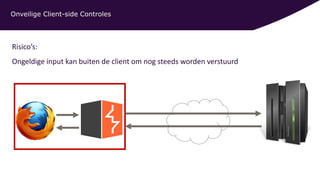 Onveilige Client-side Controles
Risico’s:
Ongeldige input kan buiten de client om nog steeds worden verstuurd
 