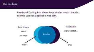 Standaard Tooling kan alleen bugs vinden omdat het de
intentie van een applicatie niet kent.
Flaws en Bugs
Functionele
wens
Intentie Zekerheid
Flaw Bug
Technische
implementatie
Zekerheid
Zekerheid
 