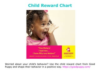 Child Reward Chart
Worried about your child’s behavior? Use the child reward chart from Good
Puppy and shape their behavior in a positive way. https://goodpuppy.com/
 