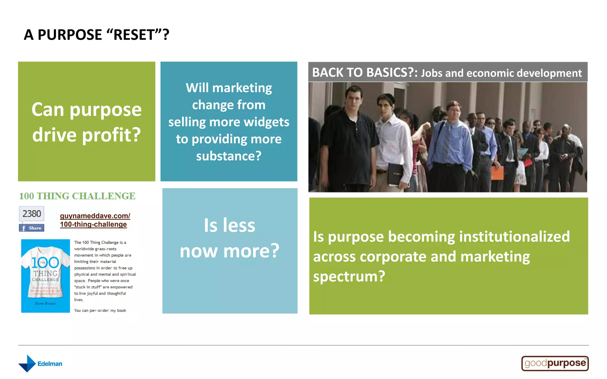 A PURPOSE “RESET”?

                                                 BACK TO BASICS?: Jobs and economic development
                             Will marketing
Can purpose                    change from
                          selling more widgets
drive profit?              to providing more
                                substance?




                             Is less
    guynameddave.com/
    100-thing-challenge

                                                 Is purpose becoming institutionalized
                           now more?             across corporate and marketing
                                                 spectrum?
 