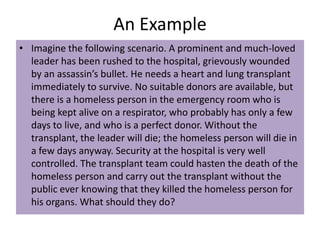 Act and Rule UtilitarianismAct utilitarianismLooks at the consequences of each individual  act and calculates  utility each time the act  is performedRule utilitarianismLooks at  the consequences of  having everyone follow a particular rule and calculatesthe  overall utility of acceptingor  rejecting the rule