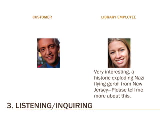 3. LISTENING/INQUIRING CUSTOMER LIBRARY EMPLOYEE Very interesting, a historic exploding Nazi flying gerbil from New Jersey—Please tell me more about this.  