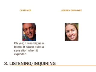 3. LISTENING/INQUIRING CUSTOMER LIBRARY EMPLOYEE Oh yes; it was big as a blimp. It cause quite a sensation when it exploded. 