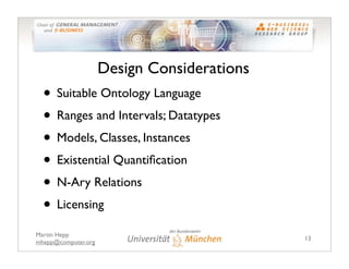 Design Considerations
  • Suitable Ontology Language
  • Ranges and Intervals; Datatypes
  • Models, Classes, Instances
  ...