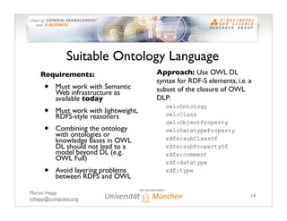 Suitable Ontology Language
    Requirements:                      Approach: Use OWL DL
                                   ...