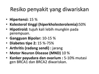 Resiko penyakit yang diwariskan
• Hipertensi: 15 %
• Kolesterol tinggi (hiperkholesterolemia):50%
• Hipotiroid: tujuh kali lebih mungkin pada
perempuan.
• Gangguan Bipolar: 10-15 %
• Diabetes tipe 2: 15 %-75%
• Arthritis (radang sendi) : jarang
• Motor Neuron Disease (MND) 10 %
• Kanker payudara dan ovarium : 5-10% mutasi
gen BRCA1 dan BRCA2 diwariskan.
 