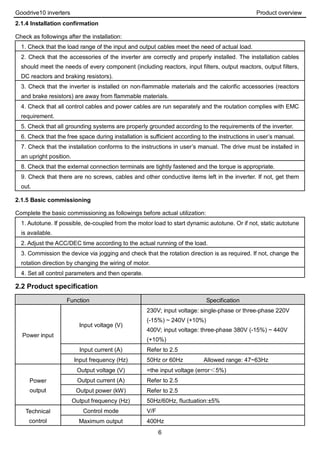 Goodrive10 inverters Product overview
6
2.1.4 Installation confirmation
Check as followings after the installation:
1. Check that the load range of the input and output cables meet the need of actual load.
2. Check that the accessories of the inverter are correctly and properly installed. The installation cables
should meet the needs of every component (including reactors, input filters, output reactors, output filters,
DC reactors and braking resistors).
3. Check that the inverter is installed on non-flammable materials and the calorific accessories (reactors
and brake resistors) are away from flammable materials.
4. Check that all control cables and power cables are run separately and the routation complies with EMC
requirement.
5. Check that all grounding systems are properly grounded according to the requirements of the inverter.
6. Check that the free space during installation is sufficient according to the instructions in user’s manual.
7. Check that the installation conforms to the instructions in user’s manual. The drive must be installed in
an upright position.
8. Check that the external connection terminals are tightly fastened and the torque is appropriate.
9. Check that there are no screws, cables and other conductive items left in the inverter. If not, get them
out.
2.1.5 Basic commissioning
Complete the basic commissioning as followings before actual utilization:
1. Autotune. If possible, de-coupled from the motor load to start dynamic autotune. Or if not, static autotune
is available.
2. Adjust the ACC/DEC time according to the actual running of the load.
3. Commission the device via jogging and check that the rotation direction is as required. If not, change the
rotation direction by changing the wiring of motor.
4. Set all control parameters and then operate.
2.2 Product specification
Function Specification
Power input
Input voltage (V)
230V; input voltage: single-phase or three-phase 220V
(-15%) ~ 240V (+10%)
400V; input voltage: three-phase 380V (-15%) ~ 440V
(+10%)
Input current (A) Refer to 2.5
Input frequency (Hz) 50Hz or 60Hz Allowed range: 47~63Hz
Power
output
Output voltage (V) =the input voltage (error＜5%)
Output current (A) Refer to 2.5
Output power (kW) Refer to 2.5
Output frequency (Hz) 50Hz/60Hz, fluctuation:±5%
Technical
control
Control mode V/F
Maximum output 400Hz
 