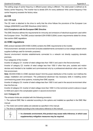 Goodrive10 inverters Appendix A
90
The setting range of carrier frequrncy in different power rating is different. The rated power is defined as its
factory carrier frequency. The inverter has to derate 20% for every additional 1kHz carrier frequency if the
carrier frequency exceeds the factory value.
A.2 CE
A.2.1 CE mark
The CE mark is attached to the drive to verify that the drive follows the provisions of the European Low
Voltage (2006/95/EC) and EMC Directives (2004/108/EC).
A.2.2 Compliance with the European EMC Directive
The EMC Directive defines the requirements for immunity and emissions of electrical equipment used within
the European Union. The EMC product standard (EN 61800-3:2004) covers requirements stated for drives.
See section EMC regulations
A.3 EMC regulations
EMC product standard (EN 61800-3:2004) contains the EMC requirements to the inverter.
First environment: domestic environment (includes establishments connected to a low-voltage network which
supplies buildings used for domestic purposes).
Second environment includes establishments connected to a network not directly supplying domestic
premises.
Four categories of the inverter:
Inverter of category C1: inverter of rated voltage less than 1000 V and used in the first environment.
Inverter of category C2: inverter of rated voltage less than 1000 V other than pins, sockets and motion
devices and intended to be installed and commissioned only by a professional electrican when used in the
first environment.
Note: IEC/EN 61800-3 in EMC standard doesn’t limit the power distribution of the inverter, but it defines the
ustage, installation and commission. The professional electrician has necessary skills in installing and/or
commissioning power drive systems, including their EMC aspects.
Inverter of category C3: inverter of rated voltage less than 1000 V and used in the second environment other
than the first one
Inverter of category C4: inverter of rated voltage more than 1000 V or the nomninal current is above or equal
to 400A and used in the complicated system in second environment
A.3.1 Category C2
The emission limits are complied with the following provisions:
1. The optional EMC filter is selected according to the options and installed as specified in the EMC filter
manual.
2. The motor and control cables are selected as specified in this manual.
3. The drive is installed according to the instructions reference in this manual.
 In a domestic environment, this product may cause radio inference, in which case
supplementary mitigation measures may be required.
 