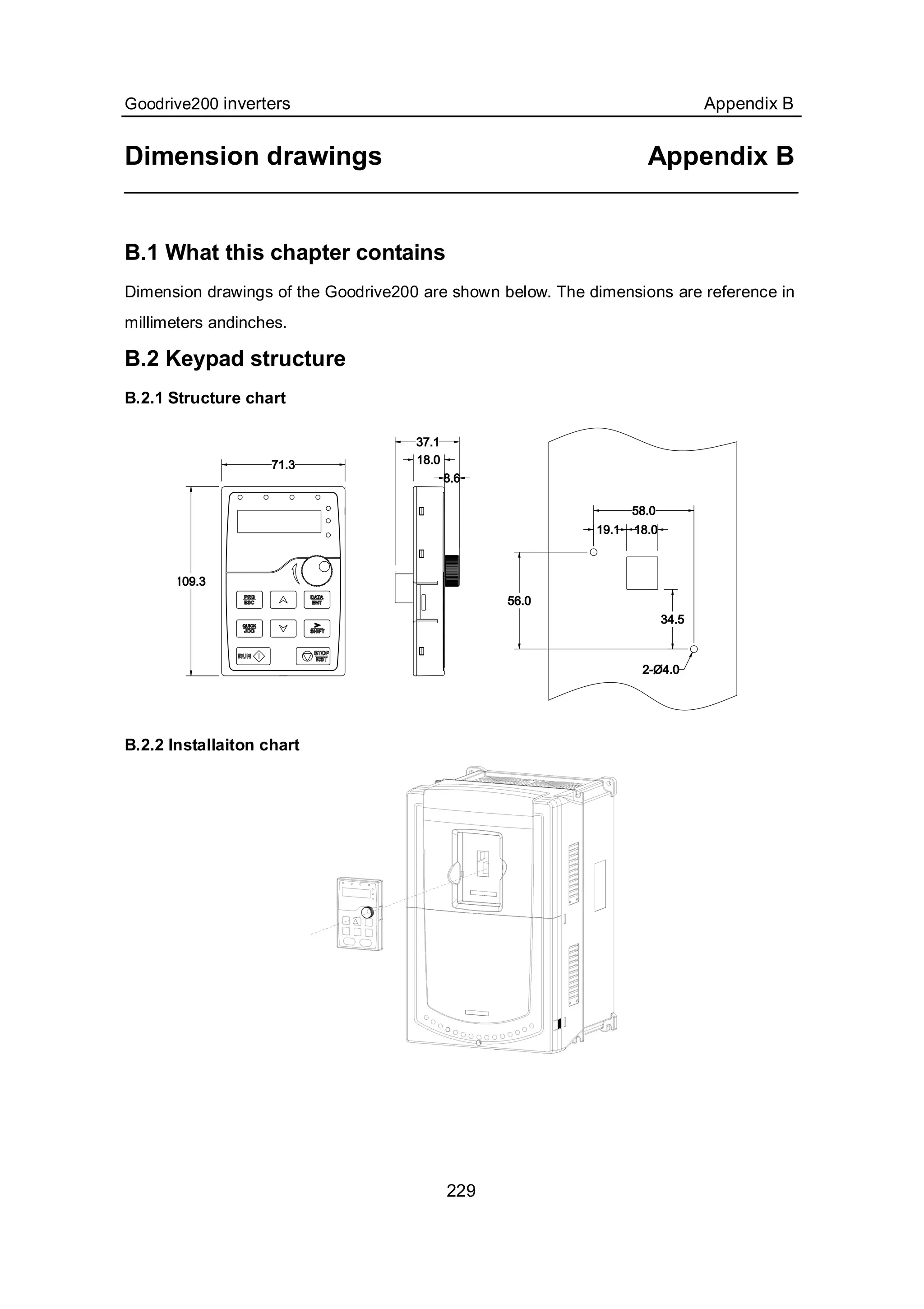 Goodrive200 inverters Appendix B
229
Dimension drawings Appendix B
B.1 What this chapter contains
Dimension drawings of the Goodrive200 are shown below. The dimensions are reference in
millimeters andinches.
B.2 Keypad structure
B.2.1 Structure chart
B.2.2 Installaiton chart
 