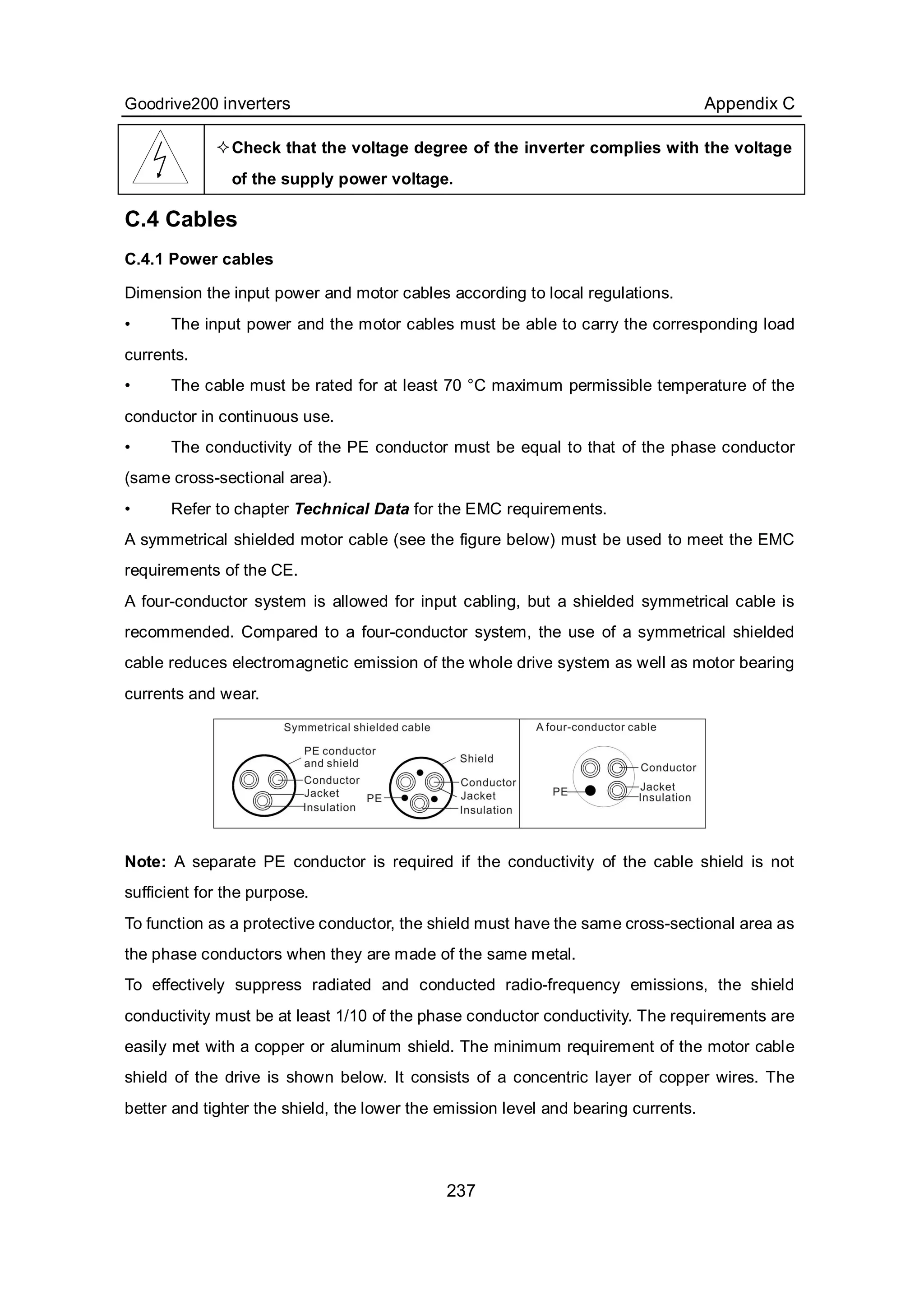 Goodrive200 inverters Appendix C
237
Check that the voltage degree of the inverter complies with the voltage
of the supply power voltage.
C.4 Cables
C.4.1 Power cables
Dimension the input power and motor cables according to local regulations.
• The input power and the motor cables must be able to carry the corresponding load
currents.
• The cable must be rated for at least 70 °C maximum permissible temperature of the
conductor in continuous use.
• The conductivity of the PE conductor must be equal to that of the phase conductor
(same cross-sectional area).
• Refer to chapter Technical Data for the EMC requirements.
A symmetrical shielded motor cable (see the figure below) must be used to meet the EMC
requirements of the CE.
A four-conductor system is allowed for input cabling, but a shielded symmetrical cable is
recommended. Compared to a four-conductor system, the use of a symmetrical shielded
cable reduces electromagnetic emission of the whole drive system as well as motor bearing
currents and wear.
Note: A separate PE conductor is required if the conductivity of the cable shield is not
sufficient for the purpose.
To function as a protective conductor, the shield must have the same cross-sectional area as
the phase conductors when they are made of the same metal.
To effectively suppress radiated and conducted radio-frequency emissions, the shield
conductivity must be at least 1/10 of the phase conductor conductivity. The requirements are
easily met with a copper or aluminum shield. The minimum requirement of the motor cable
shield of the drive is shown below. It consists of a concentric layer of copper wires. The
better and tighter the shield, the lower the emission level and bearing currents.
 