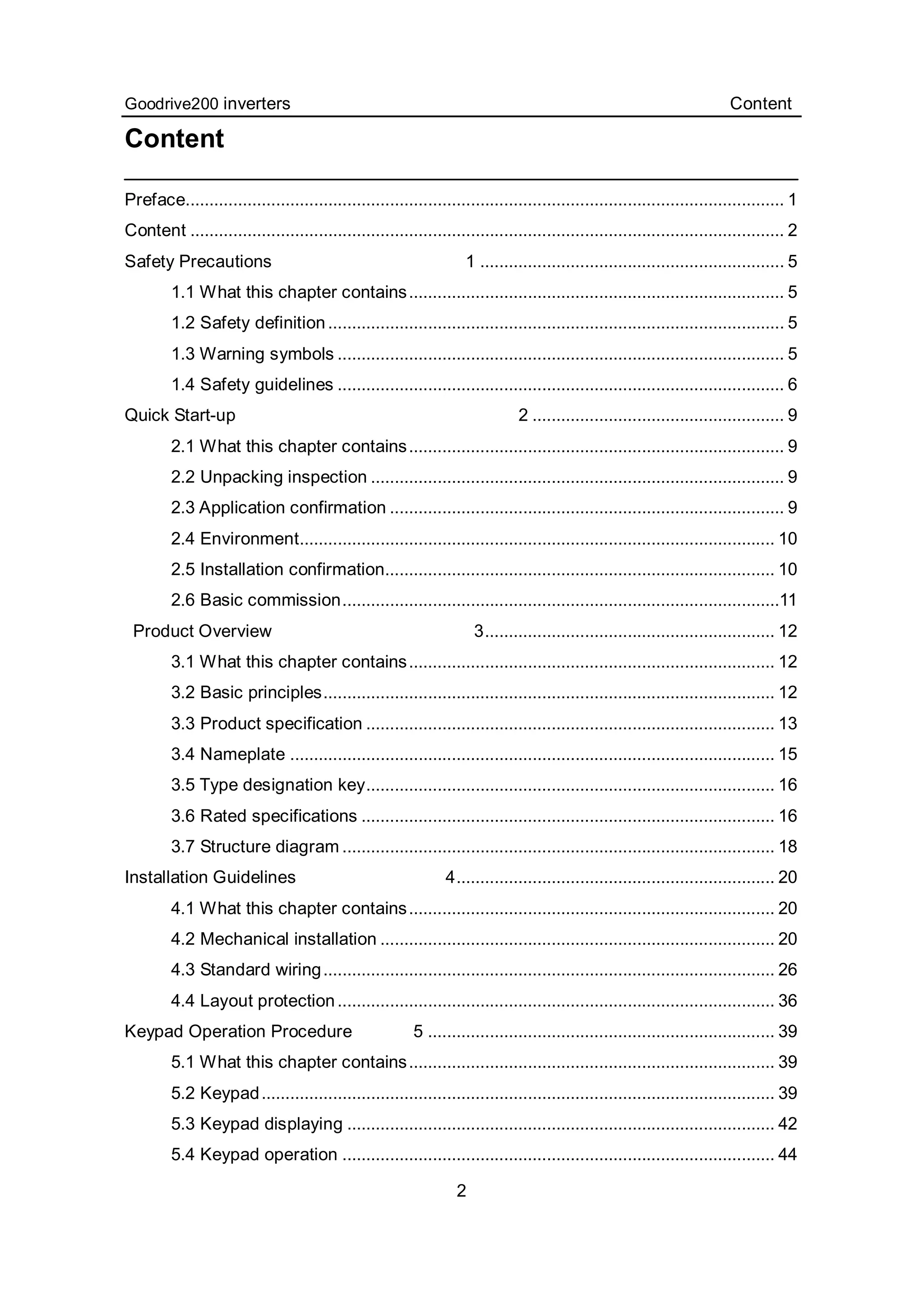 Goodrive200 inverters Content
2
Content
Preface.............................................................................................................................. 1
Content ............................................................................................................................. 2
Safety Precautions 1 ................................................................ 5
1.1 What this chapter contains............................................................................... 5
1.2 Safety definition................................................................................................ 5
1.3 Warning symbols .............................................................................................. 5
1.4 Safety guidelines .............................................................................................. 6
Quick Start-up 2 ..................................................... 9
2.1 What this chapter contains............................................................................... 9
2.2 Unpacking inspection ....................................................................................... 9
2.3 Application confirmation ................................................................................... 9
2.4 Environment.................................................................................................... 10
2.5 Installation confirmation.................................................................................. 10
2.6 Basic commission............................................................................................11
Product Overview 3............................................................. 12
3.1 What this chapter contains............................................................................. 12
3.2 Basic principles............................................................................................... 12
3.3 Product specification ...................................................................................... 13
3.4 Nameplate ...................................................................................................... 15
3.5 Type designation key...................................................................................... 16
3.6 Rated specifications ....................................................................................... 16
3.7 Structure diagram ........................................................................................... 18
Installation Guidelines 4................................................................... 20
4.1 What this chapter contains............................................................................. 20
4.2 Mechanical installation ................................................................................... 20
4.3 Standard wiring............................................................................................... 26
4.4 Layout protection............................................................................................ 36
Keypad Operation Procedure 5 ......................................................................... 39
5.1 What this chapter contains............................................................................. 39
5.2 Keypad............................................................................................................ 39
5.3 Keypad displaying .......................................................................................... 42
5.4 Keypad operation ........................................................................................... 44
 