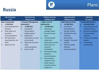 Plans

Russia
Micro Business
Free!

Basic Functionality:
1. <1 000 SKUs
2. Automated demand
forecasts
3. Order dates and
quantities
recommendations
4. KPI dashboards,
reporting tools, and
alerts
5. Export to Excel

Small Business
2999р/month

Medium Business
12999р/month

+ Inventory Management
Automation:
1. <5 000 SKUs
2. Automated
forecasting for
holiday periods
3. Safety stock
optimization to meet
service levels
4. Multi-item purchase
order
recommendations
5. Export to ERP

+ Higher Level of
Optimization:
1. <10 000 SKUs
2. Automated
analogue-based
forecast for new
items
3. Fully automated
safety stock
optimization (service
levels chosen to
maximize
profitability)
4. Automated supply
frequency
recommendation
5. Accounting for
suppliers’ terms
(order amount,
quantity, volume,
weight etc.)

Large Enterprise
32999р/month

+ Most Powerful Tools:
1. <50 000 SKUs
2. Promotions
forecasting and
decision support
3. Distribution center
inventory
optimization
4. Suppliers` discounts
analysis
5. Optimal supplier
selection
recommendations

Individual
By request

+ Customized Solution:
1. Unlimited SKUs
2. Forecasting with any
additional factors
3. Seamless integration
to any existing IT
solutions
4. Tuning and analytical
support
5. Functionality
customization

 