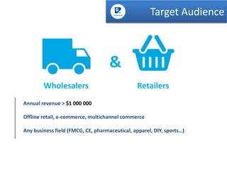 Target Audience
Для кого

&
Wholesalers

Retailers

Annual revenue > $1 000 000
Offline retail, e-commerce, multichannel commerce

Any business field (FMCG, CE, pharmaceutical, apparel, DIY, sports…)

 
