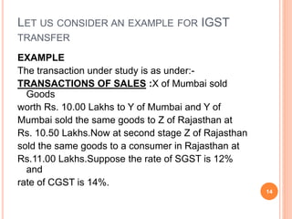 LET US CONSIDER AN EXAMPLE FOR IGST
TRANSFER
EXAMPLE
The transaction under study is as under:-
TRANSACTIONS OF SALES :X of...