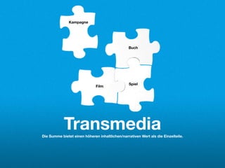 Kampagne




                                                 Buch




                                                 Spiel
                              Film




            Transmedia
Die Summe bietet einen höheren inhaltlichen/narrativen Wert als die Einzelteile.
 