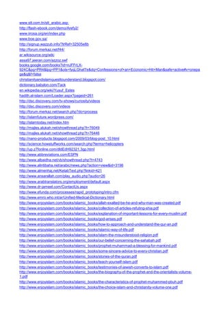 www.stt.com.tn/stt_arabic.asp 
http://flash-ebook.com/demo/Arefy2/ 
www.iirosa.org/en/index.php 
www.boe.gov.sa/ 
http://signup.wazzub.info/?lrRef=32505e8b 
http://forum.merkaz.net/f44/ 
ar.wikisource.org/wiki 
assa97.jeeran.com/azzoz.swf 
books.google.com/books?id=nJFFrLX- 924C&pg=PR4&lpg=PP1&ots=fyqLGhaf7e&dq=Confessions+of+an+Economic+Hit+Man&safe=active#v=onepage&q&f=false 
christianityandislamquesttounderstand.blogspot.com/ 
dictionary.babylon.com/Tack 
en.wikipedia.org/wiki/Yusuf_Estes 
hadith.al-islam.com/Loader.aspx?pageid=261 
http://dsc.discovery.com/tv-shows/curiosity/videos 
http://dsc.discovery.com/videos 
http://forum.merkaz.net/search.php?do=process 
http://islamfuture.wordpress.com/ 
http://islamtoday.net/index.htm 
http://majles.alukah.net/showthread.php?t=76049 
http://majles.alukah.net/showthread.php?t=76446 
http://nano-products.blogspot.com/2009/03/blog-post_10.html 
http://science.howstuffworks.com/search.php?terms=helicopters 
http://up.z7fonline.com/dldEdH92321.3gp.html 
http://www.abbreviations.com/ESPN 
http://www.albaidha.net/vb/showthread.php?t=4743 
http://www.alintibaha.net/arabic/news.php?action=view&id=3196 
http://www.almenhaj.net/KetabText.php?linkid=421 
http://www.ansarallah.com/play_audio.php?audio=26 
http://www.arabtranslators.org/employment/default.aspx 
http://www.dr-jameel.com/ContactUs.aspx 
http://www.efunda.com/processes/rapid_prototyping/intro.cfm 
http://www.emro.who.int/ar/Unified-Medical-Dictionary.html 
http://www.enjoyislam.com/books/islamic_books/allah-exalted-be-he-and-why-man-was-created.pdf 
http://www.enjoyislam.com/books/islamic_books/collection-of-articles-refuting-shia.pdf 
http://www.enjoyislam.com/books/islamic_books/explanation-of-important-lessons-for-every-muslim.pdf 
http://www.enjoyislam.com/books/islamic_books/god-arises.pdf 
http://www.enjoyislam.com/books/islamic_books/how-to-approach-and-understand-the-qur-an.pdf 
http://www.enjoyislam.com/books/islamic_books/islamic-way-of-life.pdf 
http://www.enjoyislam.com/books/islamic_books/islam-the-misunderstood-religion.pdf 
http://www.enjoyislam.com/books/islamic_books/our-belief-concerning-the-sahabah.pdf 
http://www.enjoyislam.com/books/islamic_books/prophet-muhammad-a-blessing-for-mankind.pdf 
http://www.enjoyislam.com/books/islamic_books/some-sincere-advice-to-every-christian.pdf 
http://www.enjoyislam.com/books/islamic_books/stories-of-the-quran.pdf 
http://www.enjoyislam.com/books/islamic_books/teach-yourself-islam.pdf 
http://www.enjoyislam.com/books/islamic_books/testimonies-of-jewish-converts-to-islam.pdf 
http://www.enjoyislam.com/books/islamic_books/the-biography-of-the-prophet-and-the-orientalists-volume- 1.pdf 
http://www.enjoyislam.com/books/islamic_books/the-characteristics-of-prophet-muhammed-pbuh.pdf 
http://www.enjoyislam.com/books/islamic_books/the-choice-islam-and-christianity-volume-one.pdf  