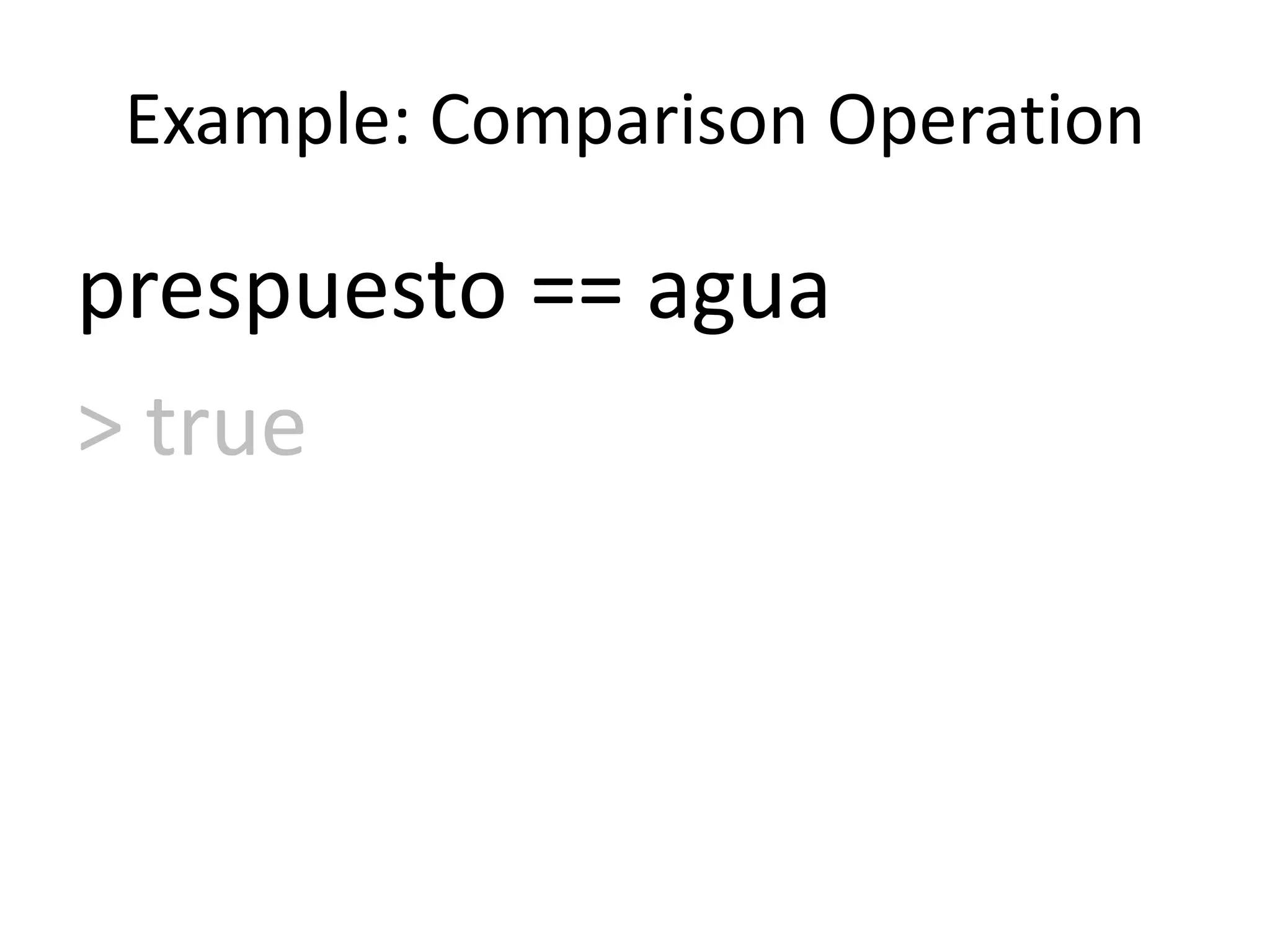 Example: Comparison Operation
prespuesto == agua
> true
 