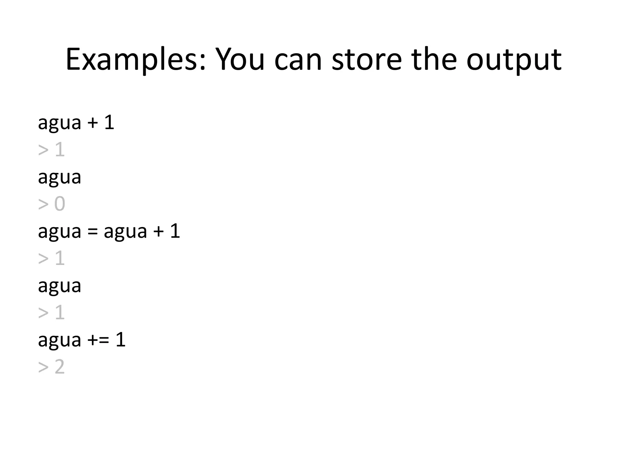 Examples: You can store the output
agua + 1
> 1
agua
> 0
agua = agua + 1
> 1
agua
> 1
agua += 1
> 2
 