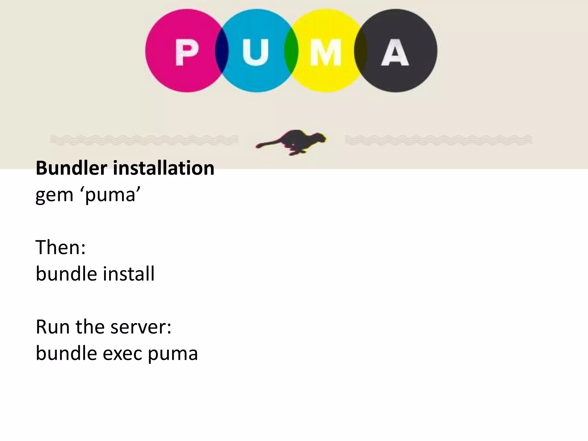 Bundler installation
gem ‘puma’
Then:
bundle install
Run the server:
bundle exec puma
 