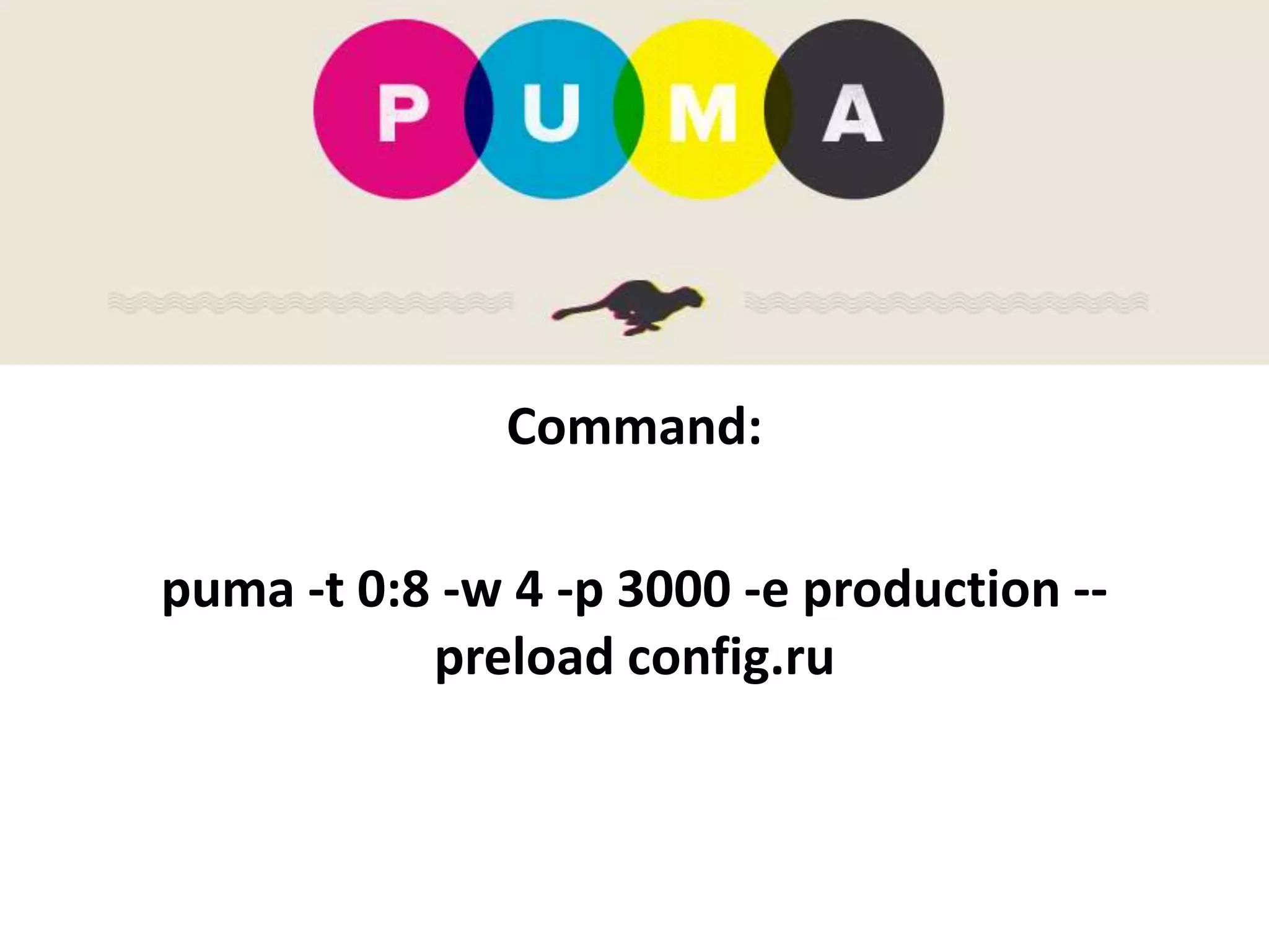 Command:
puma -t 0:8 -w 4 -p 3000 -e production --
preload config.ru
 