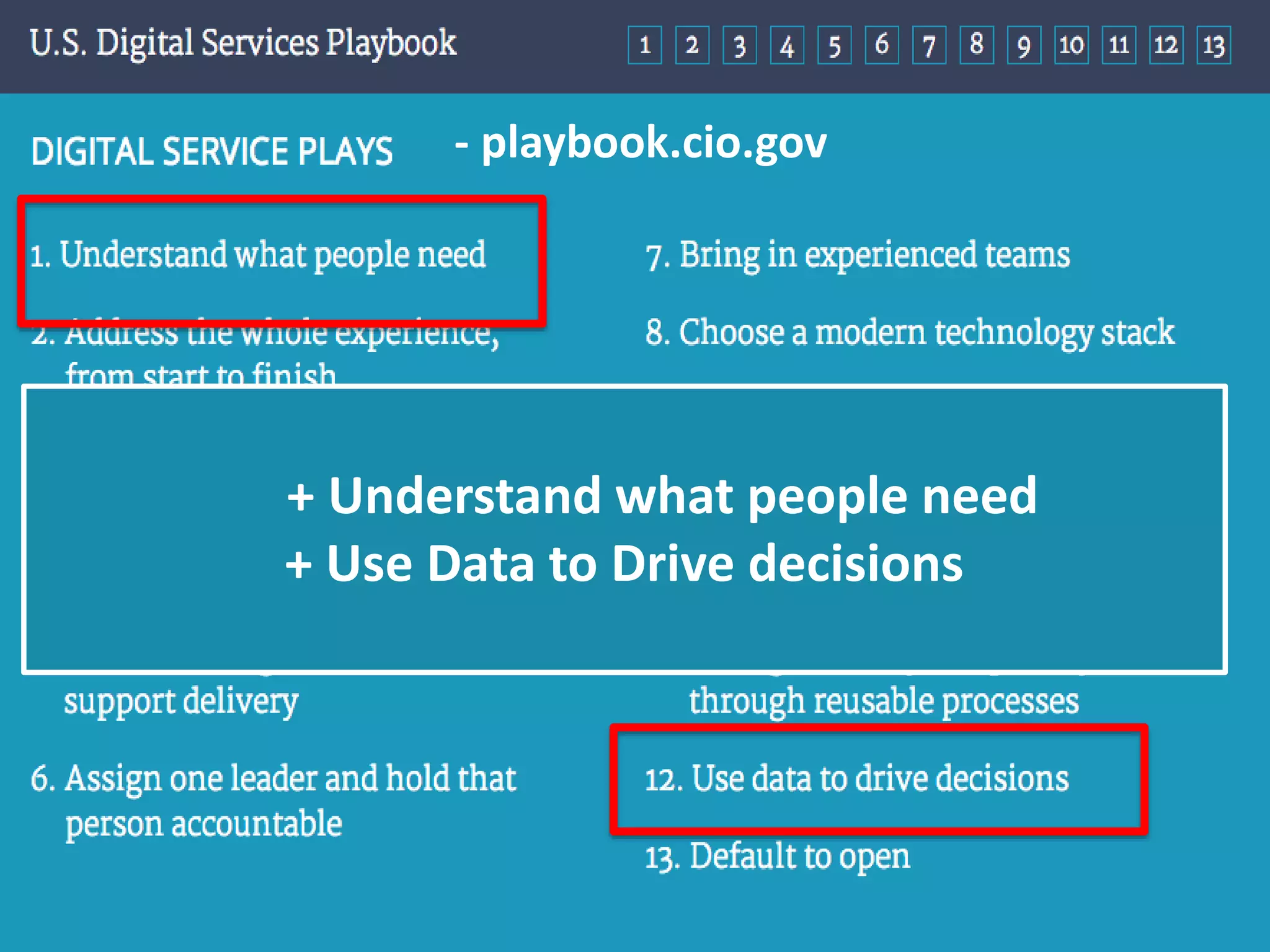 - playbook.cio.gov
+ Understand what people need
+ Use Data to Drive decisions
 