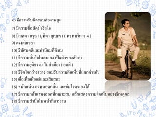7) มีความซื่อสัตย์จริงใจ
8) มีเมตตา กรุณา มุทิตา อุเบกขา ( พรหมวิหาร 4 )
9) ตรงต่อเวลา
10) มีทัศนคติและค่านิยมที่ดีงาม
11) มีความมั่นใจในตนเอง เป็นตัวของตัวเอง
12) มีความยุติธรรม ไม่ลาเอียง ( อคติ )
13) มีจิตใจกว้างขวาง ยอมรับความคิดเห็นที่แตกต่างกัน
15) เอื้อเฟื้อเผื่อแผ่และเสียสละ
16) หนักแน่น อดทนอดกลั้น และข่มใจตนเองได้
17) มีความกล้าแสดงออกที่เหมาะสม กล้าแสดงความคิดเห็นอย่างมีเหตุผล
18) มีความสานึกในหน้าที่การงาน
6) มีความรับผิดชอบต่องานสูง
 