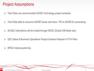 ©2013 Good Technology. All Rights Reserved. Company Confidential 11
Project Assumptions
Tech Data can accommodate GOOD Technology project schedule
Tech Data able to consume GOOD Quote and return PO to GOOD for processing
All Q2C interactions will be routed through SFDC (Oracle OM black box)
Q2C Sales & Business Operations Project Initiative finalized in FY14 Plan
SFDC Instance planning
 